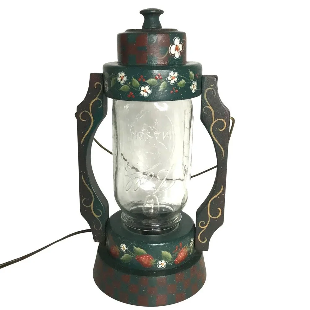 Hand Painted Folk Art Mason Jar Lantern Lamp Rustic Farmhouse Primitive Country